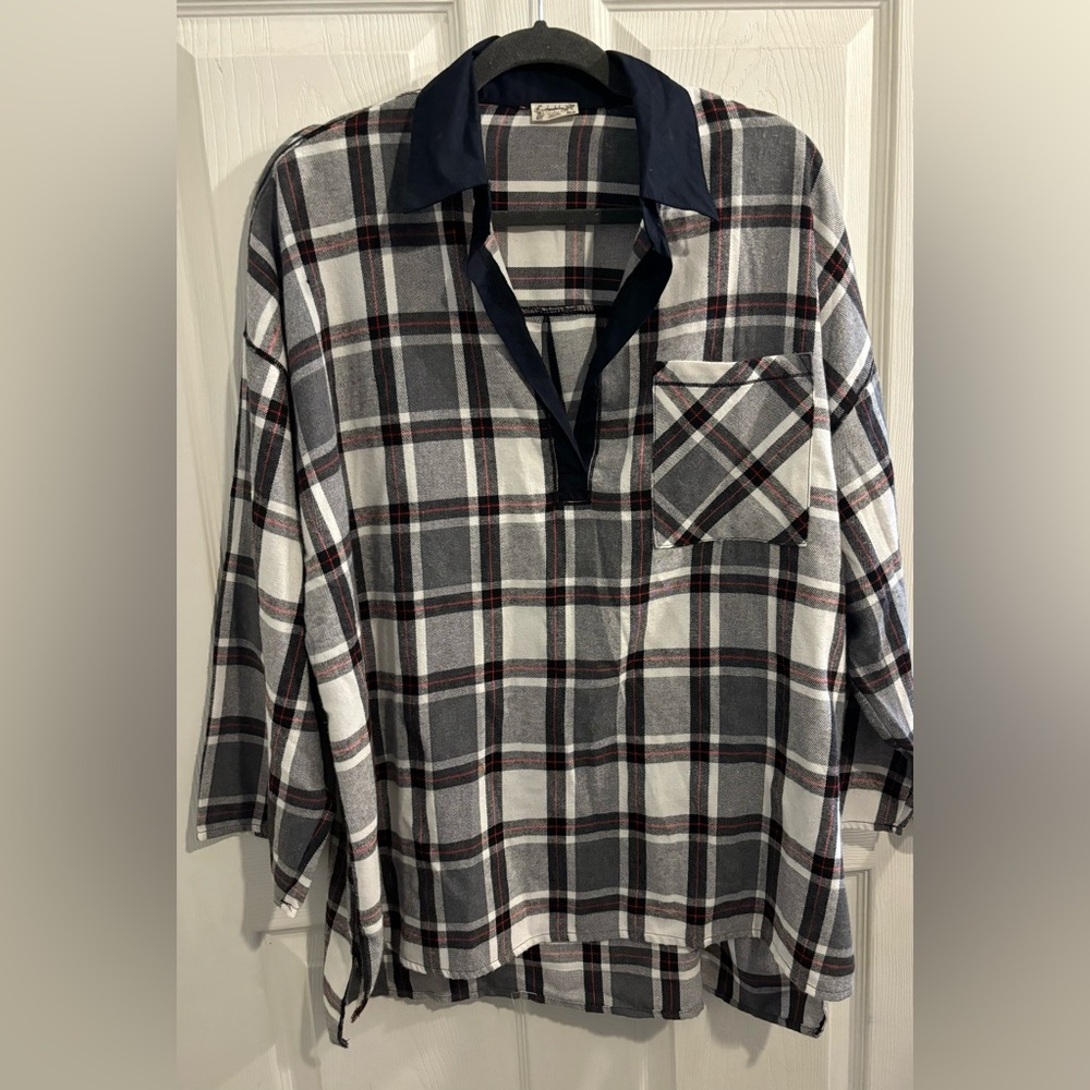Free People Sunday morning Black & White Plaid Flannel sleep shirt